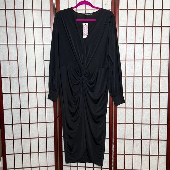 NWT BOOHOO KNOT FRONT BLACK DRESS‎ SIZE 14 - Picture 1 of 4